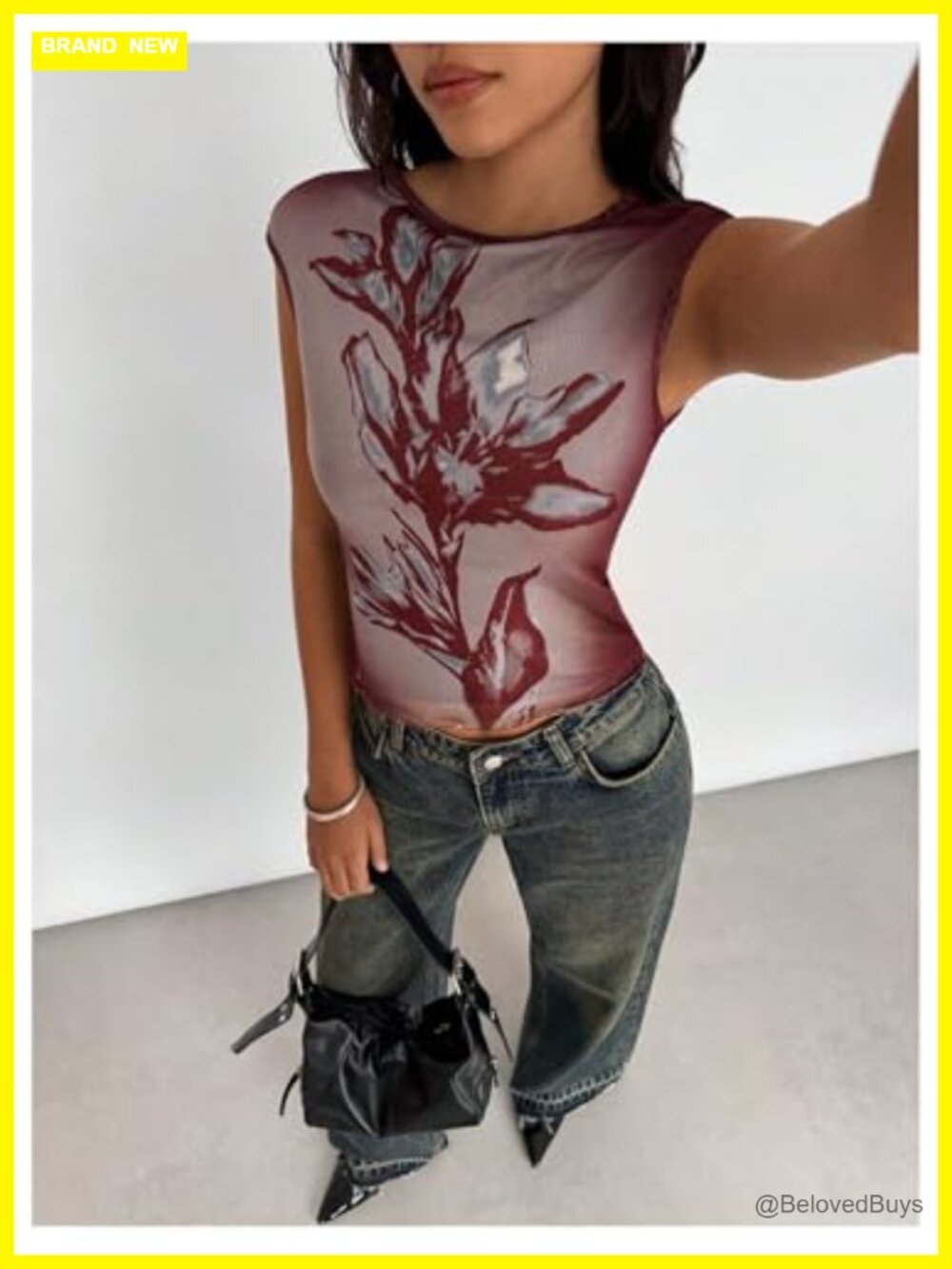 WDIRARA Floral Dolman Cap Sleeve Mesh Tee Top Y2K Going Out - Picture 5 of 6